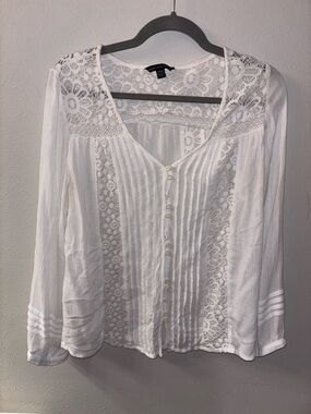 American Eagle Outfitters White Lace-Trim Button Front Blouse
